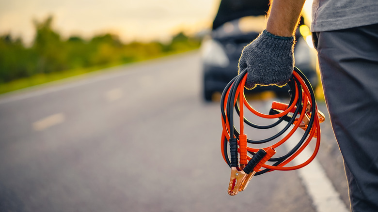 Person holding car battery jumper cables