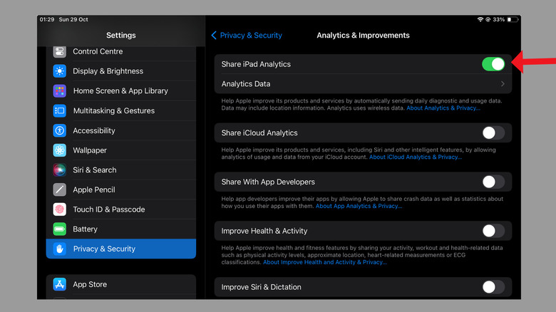 Screenshot of the Analytics & Improvements menu on an iPad