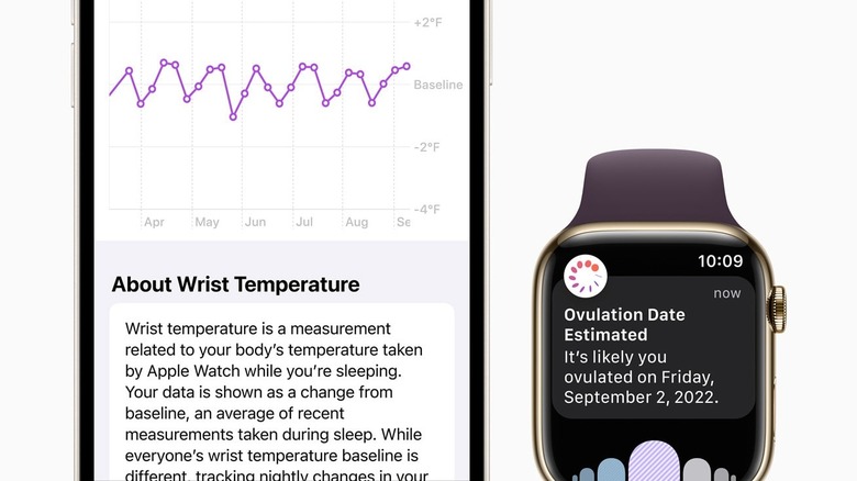 iPhone showing wrist temperature data and Apple Watch showing ovulation date estimation