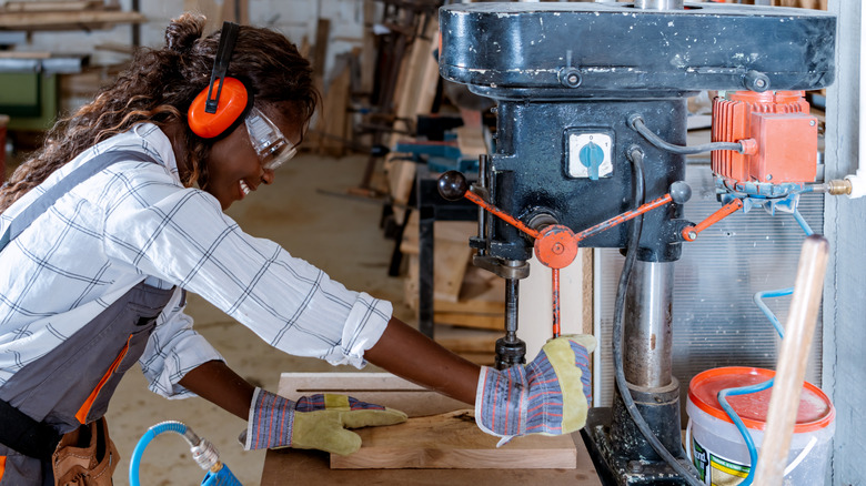 A drill press at work