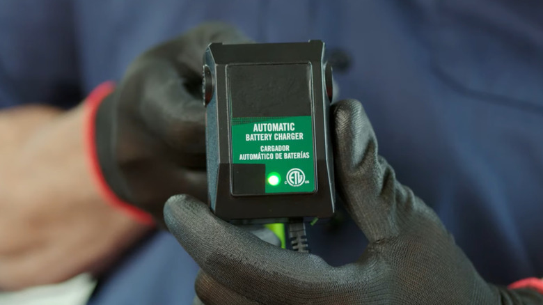 Close up of a person holding an automatic car battery charger plug