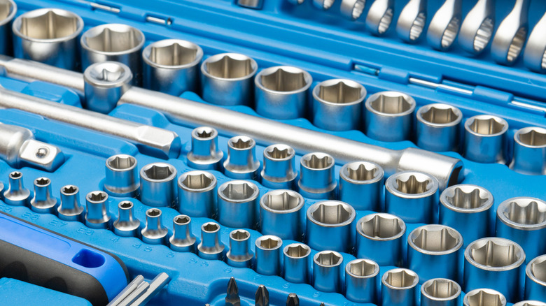 Socket wrench tool set in a plastic case