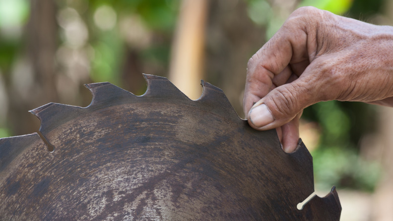 Hand touches teeth of a dirty circular saw blade