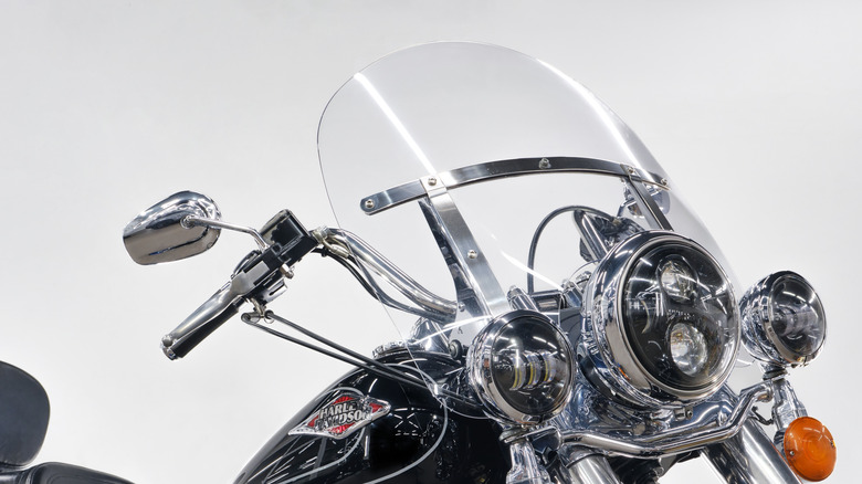 Harley Davidson motorbike windshield closeup