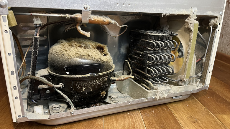 Dust-covered refrigerator internals, showing radiator, fan, and pump.