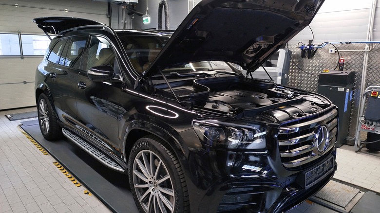 Mercedes-Benz GLS SUV in a service garage