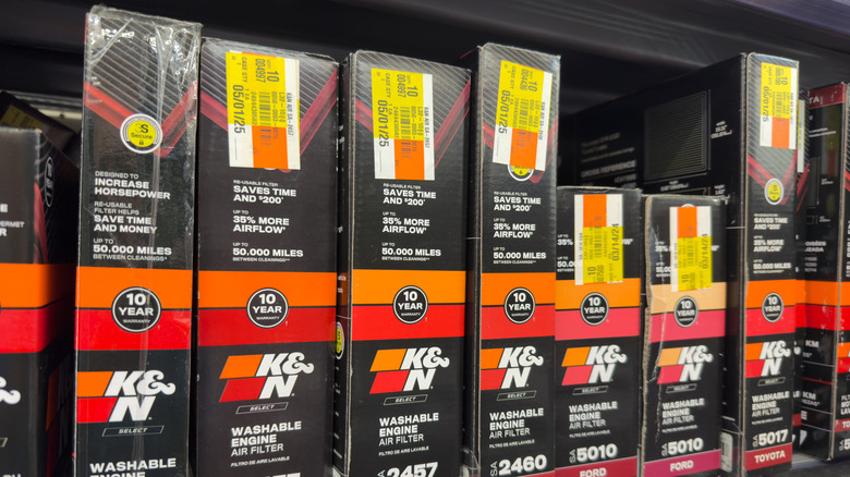 K&N air filter boxes in a rack