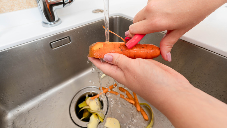 person shredding vegetables into garbage disposal