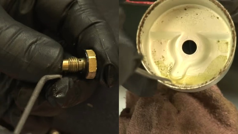 Split Image: A Main Jet And The Bowl Of A Lawn Mower Carburetor