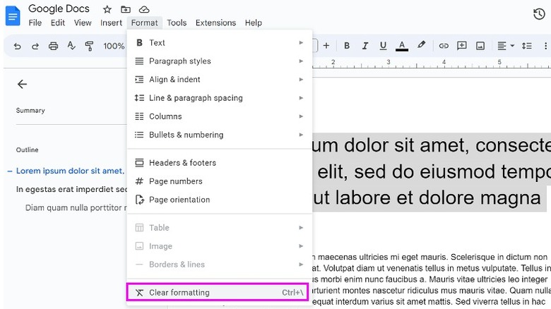 google docs clear formatting menu