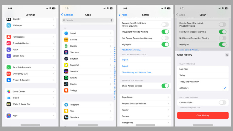Clear Safari history and website data option in iPhone settings