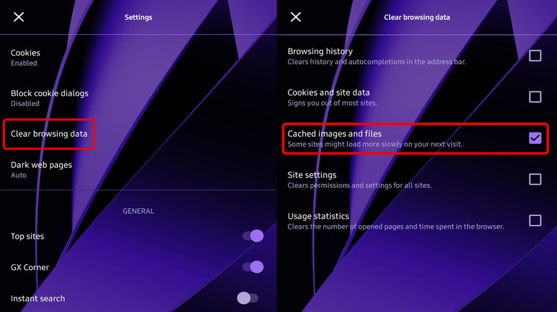 Opera GX Android browser screenshots