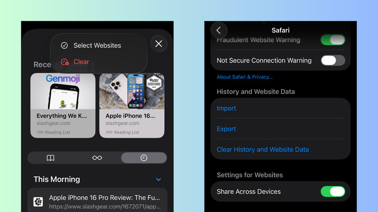 Two ways to clear search history in iOS 26