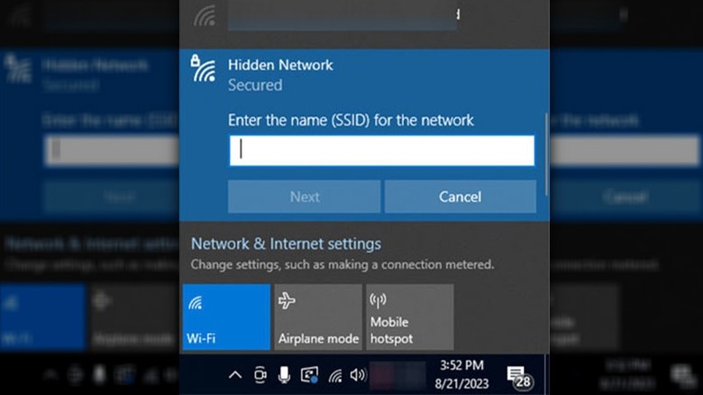 Hidden Network secured screen in Windows 10