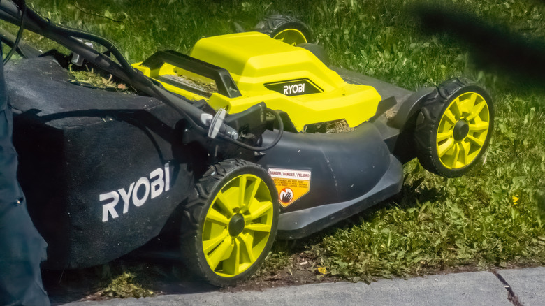A Ryobi push lawn mower in grass.