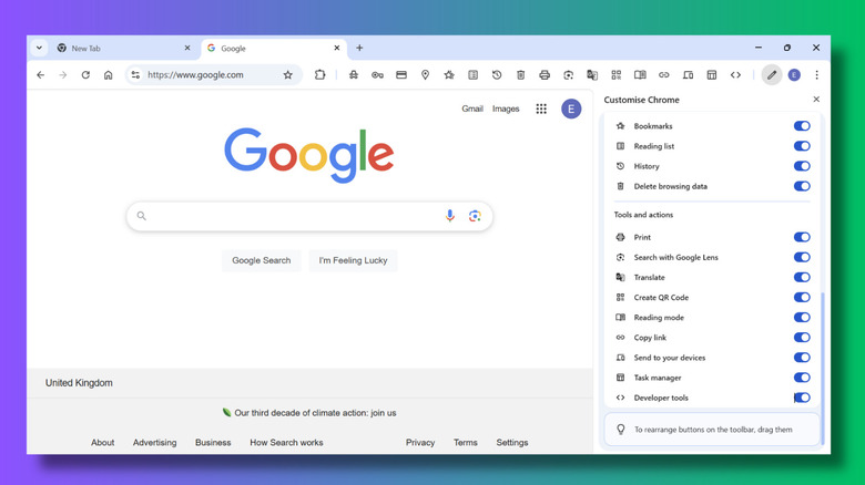 Screenshot of Chrome web browser showing the Customize Chrome web panel. A list of toolbar shortcut options are displayed and they are all ticked. Next to the address bar there are multiple icons.
