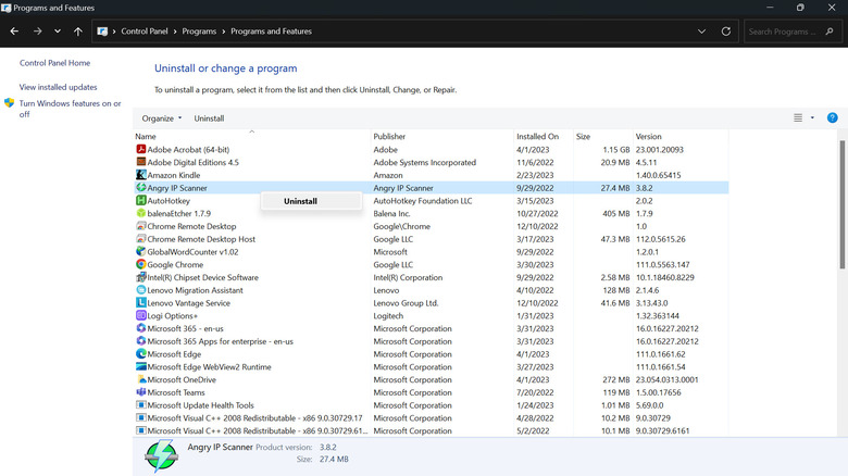 uninstall app in control panel
