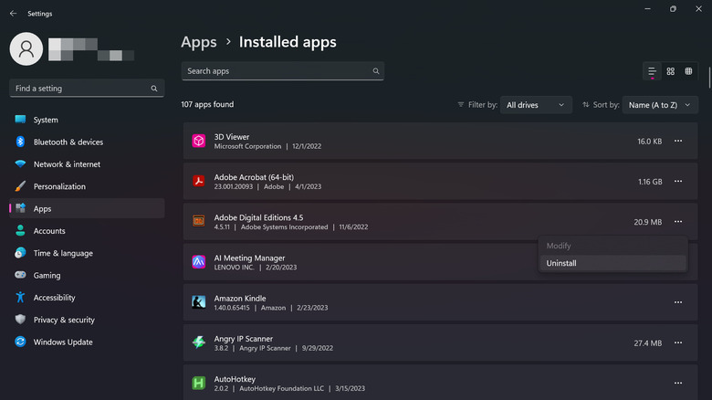 uninstall apps in settings