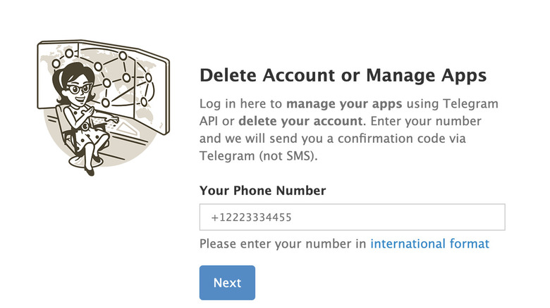 Telegram delete account page