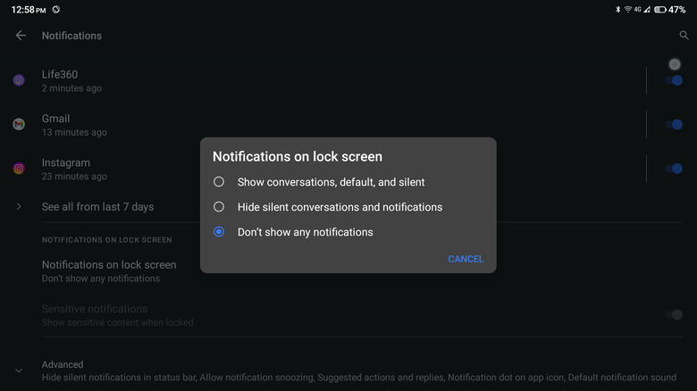 android notification lock screen options