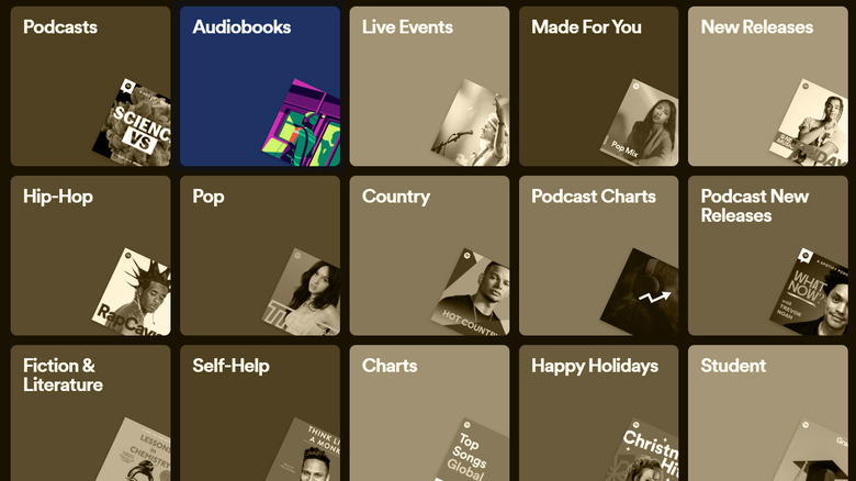 Spotify genre tiles audiobooks selected