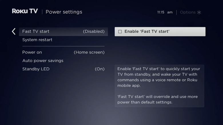 Roku TV in Power Settings to turn on Fast TV Start