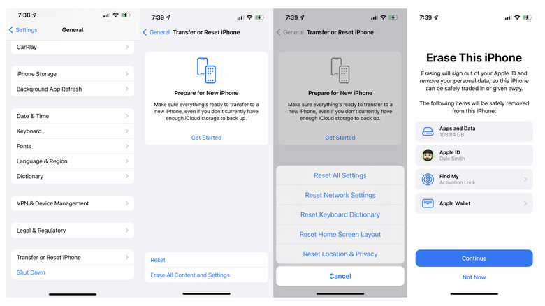 screenshots of iPhone reset settings