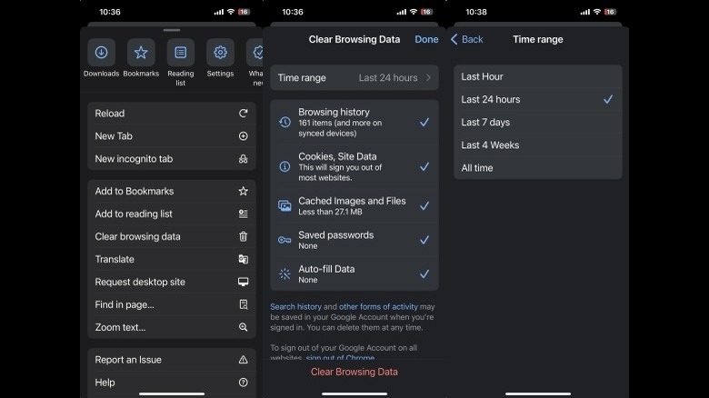Chrome Clear Browsing Data screens on iPhone