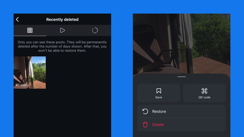 Instagram mostrando fotos e opção de restauração excluídas recentemente