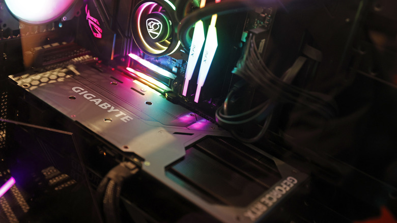 A Gigabyte graphics card sits inside a PC case