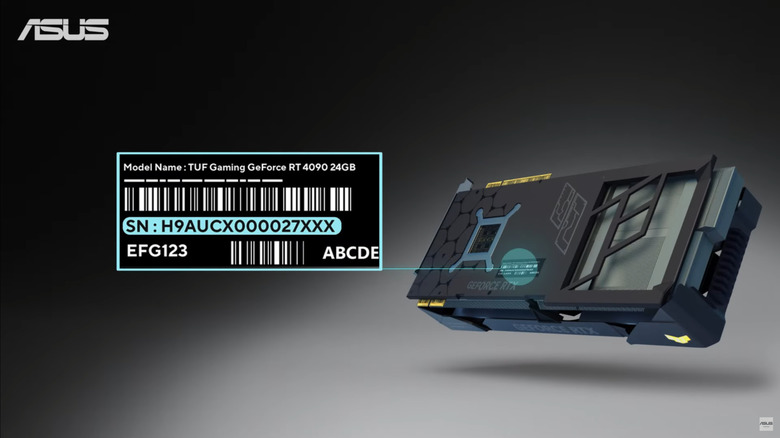 An Asus graphics card seen from the back, with the location of the SN highlighted