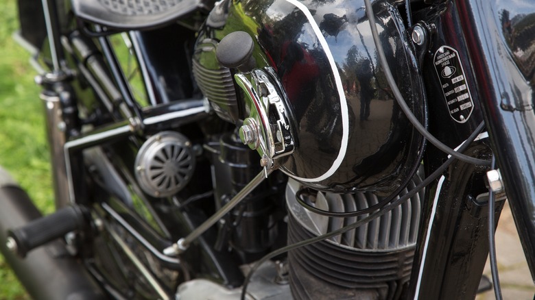Side view of motorcycle tank and engone