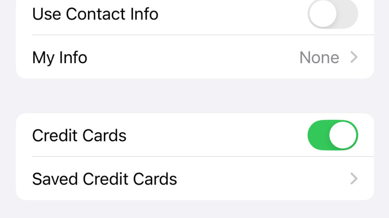 Screen shot displaying Saved Credit Cards screen on iPhone