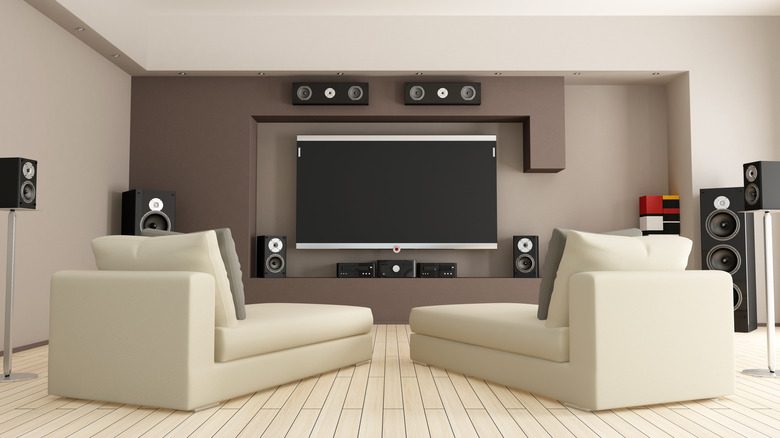room with surround sound speakers