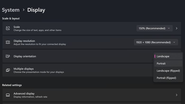 Windows display orientation options