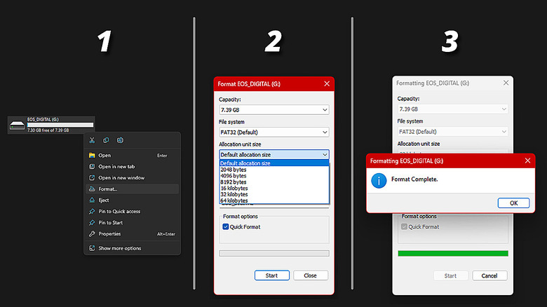 Windows SD card formatting screenshots