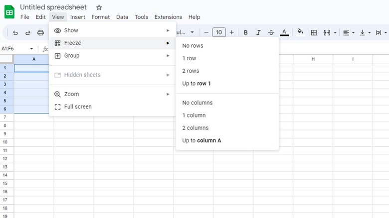 Google Sheets freeze row column menu