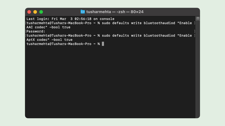 AAC aptX Bluetooth settings macOS Terminal