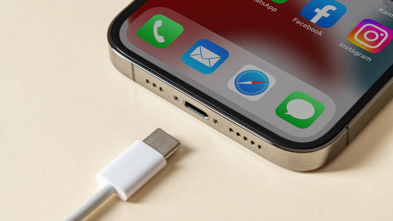 Close-up of a USB-C cable near an iPhone USB port