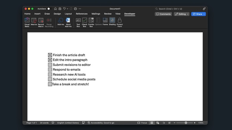checklist in Microsoft Word