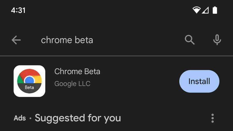 Google Chrome Beta Play Store screenshot. 