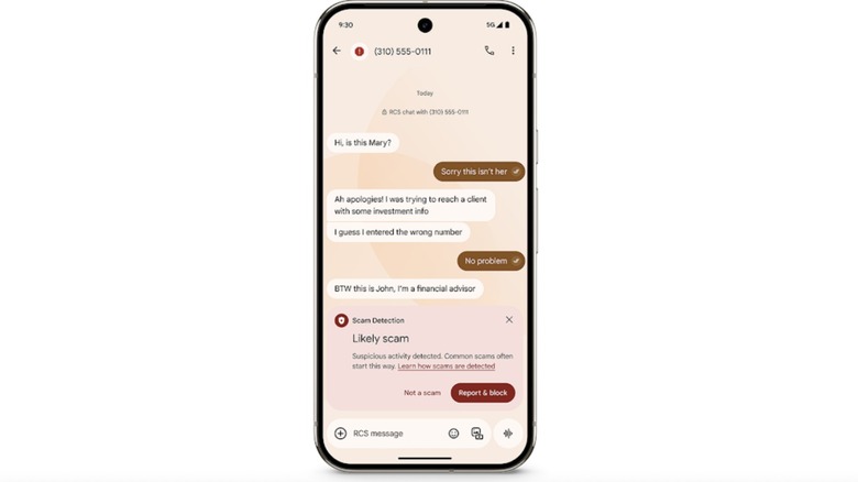 Scam detection in Google Messages app.