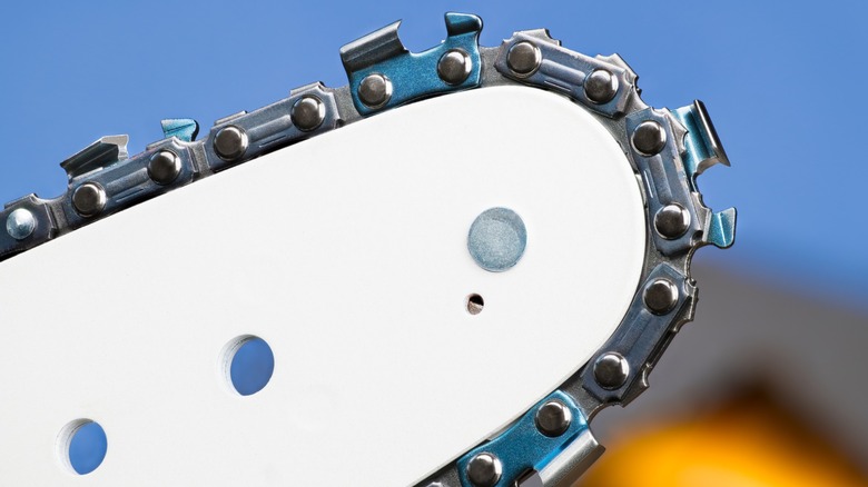 Closeup of a new chainsaw guide bar and saw chain.