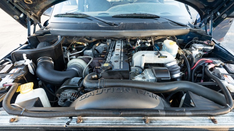 A Dodge Cummins engine bay showing the inline-6 engine