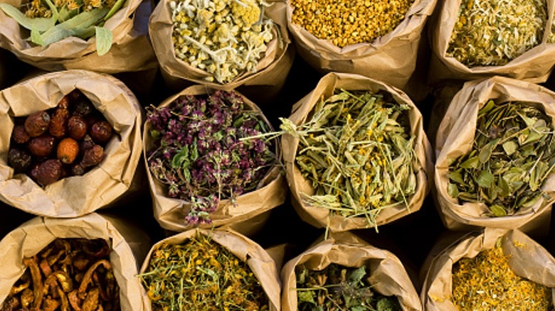 Dried herbs in bags