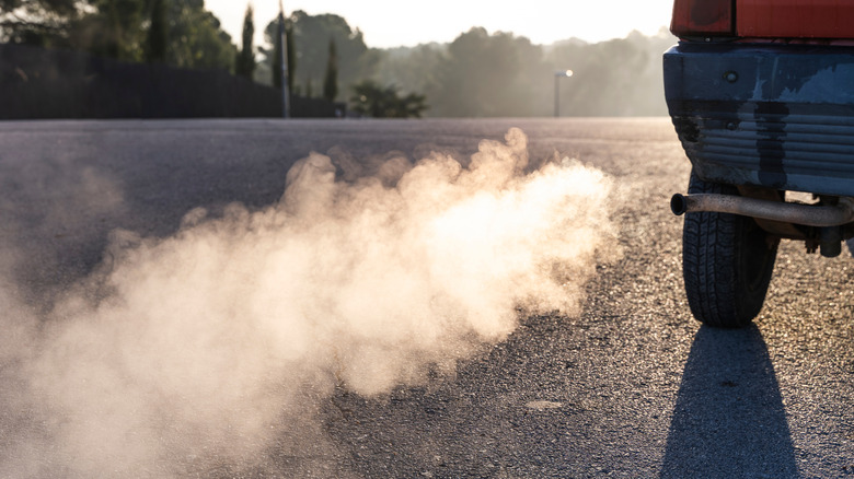A cloud of car exhaust releasing from behind a compact