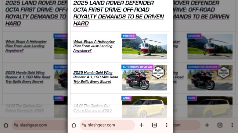 SlashGear webpage on Chrome with addres bar at the bottom of screen