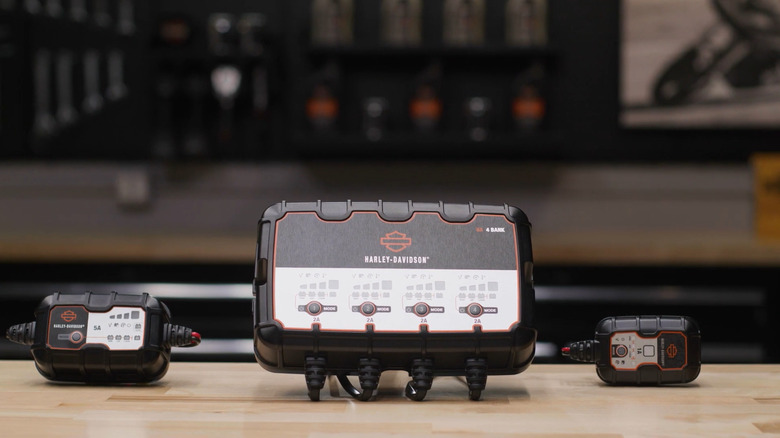 Harley-Davidson current battery chargers on a table