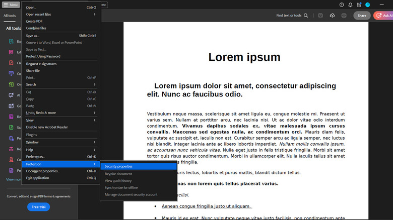 Security properties on Adobe Acrobat