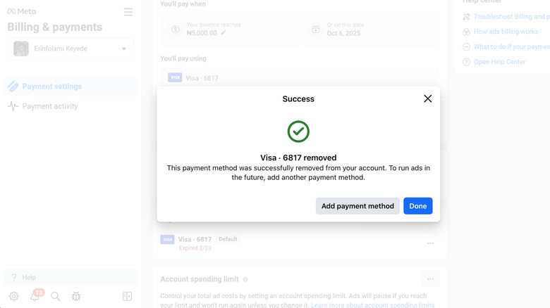 Screenshot of Facebook's Bills & Payments menu